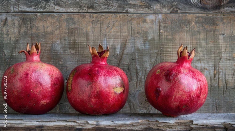 Poster three ripe pomegranates with visible seeds rest on a rustic wooden plank.