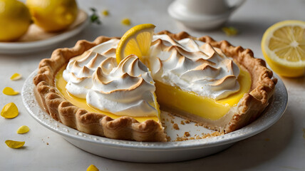 Tarta de merengue de limón, Pie de limón con una cobertura de merengue esponjosa. IA generativa.