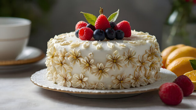 Tarta de bizcocho ar&aacute;ndanos frambuesa y nata .junto a una taza de caf&eacute; y varias velas encendidas