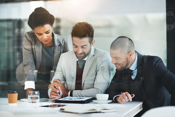 Meeting, graphs and business people with documents in office for teamwork, monthly report or...