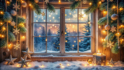 Cozy winter wonderland scene of snowflakes gently falling outside a warmly lit festive window adorned with evergreen garlands and sparkling fairy lights.