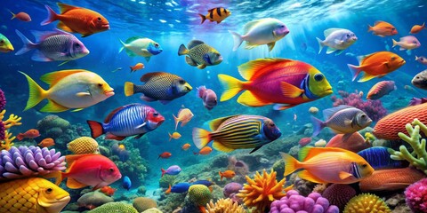 Underwater Paradise Vibrant Coral Reef with Colorful Fish, Digital Painting, Diverse Marine Life, Tropical Ocean, coral reef, tropical fish, underwater scene