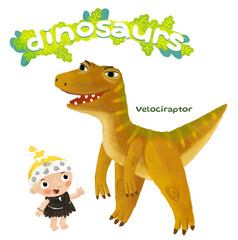 caveman human cartoon happy and funny colorful prehistoric dinosaur dino velociraptor isolated illustration with child pointing on animal