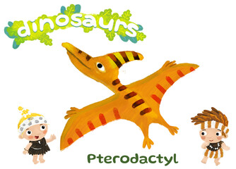 caveman human cartoon happy and funny colorful prehistoric dinosaur dino pterodactyl bird isolated illustration with child pointing on animal © honeyflavour