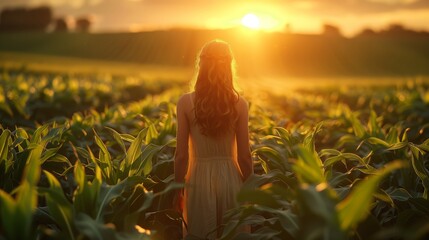 A back view of an individual standing amidst tall corn stalks as the sun sets. The warm sunlight bathes the field in a golden hue, creating a peaceful rural scene.