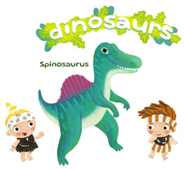 caveman human cartoon happy and funny colorful prehistoric dinosaur dino spinosaurus isolated illustration with child pointing on animal