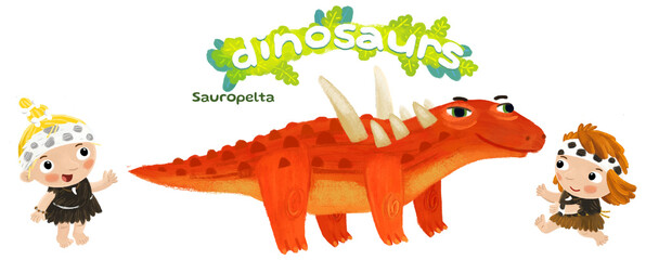 caveman human cartoon happy and funny colorful prehistoric dinosaur dino sauropelta isolated illustration with child pointing on animal © honeyflavour