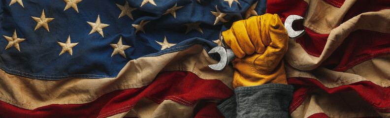Worn work glove holding wrench tool and gripping old US American flag. Celebrating the American...