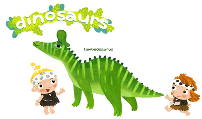caveman human cartoon happy and funny colorful prehistoric dinosaur dino lambeosaurus isolated illustration with child pointing on animal