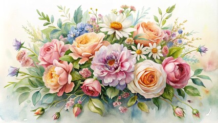 Watercolor Bouquet of Roses, Daisies, and Peonies, Watercolor Painting, Floral Arrangement, Botanical Art, Roses