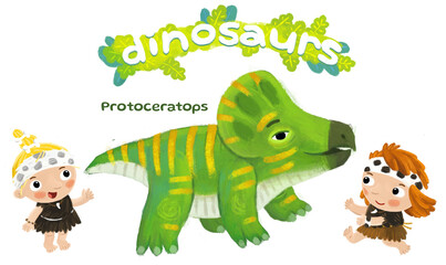 caveman human cartoon happy and funny colorful prehistoric dinosaur dino protoceratops isolated illustration with child pointing on animal © honeyflavour