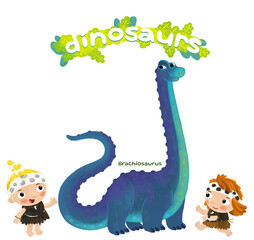 caveman human cartoon happy and funny colorful prehistoric dinosaur dino brachiosaurus isolated illustration with child pointing on animal