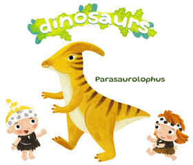 caveman human cartoon happy and funny colorful prehistoric dinosaur dino parasaurolupus isolated illustration with child pointing on animal © honeyflavour