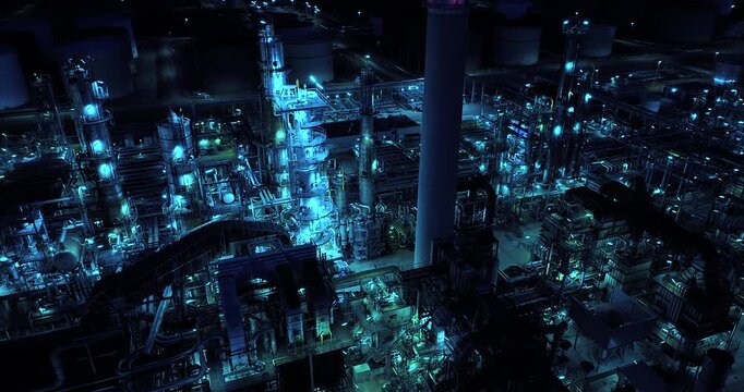 The industrial complex is illuminated at night, showcasing its modern infrastructure and machinery