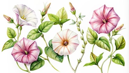 Watercolor Illustration of Pink and White Morning Glory Flowers with Green Leaves, watercolor painting, morning glory, flower, botanical, bloom