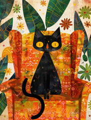 Colorful Folk Art Illustration of Black Cat Amongst Tropical Leaves