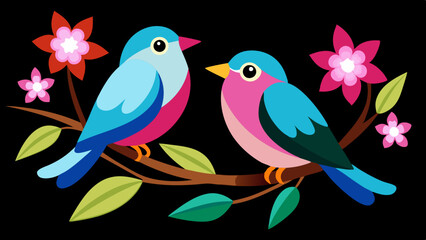 Two colorful birds sitting on a branch with pink flowers, vector arts illustration