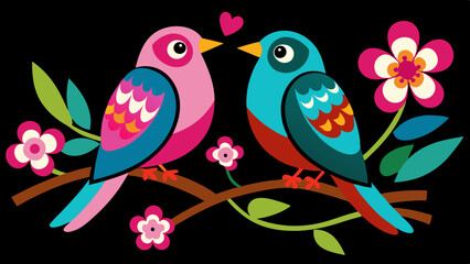 Two colorful birds sitting on a branch with pink flowers, vector arts illustration