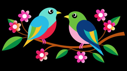 Two colorful birds sitting on a branch with pink flowers, vector arts illustration