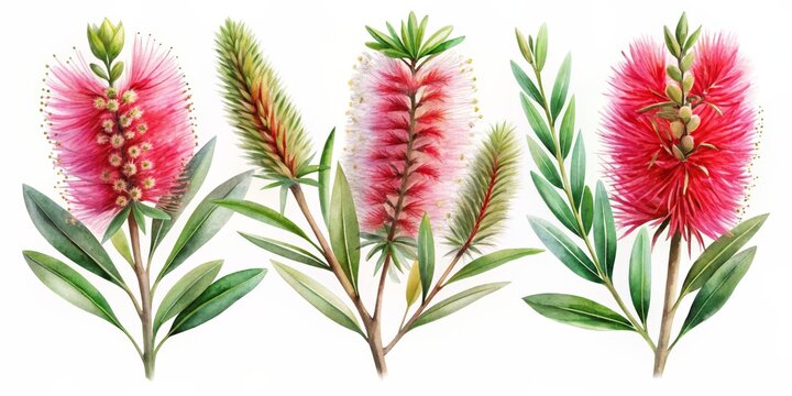 Watercolor Illustration of Pink Bottlebrush Flowers, botanical art, flowers, greenery, watercolor painting, Australia