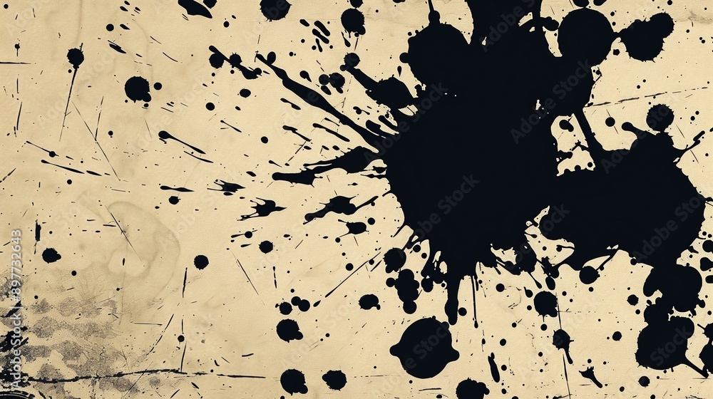 Poster abstract and artistic distressed paper texture with a bold black ink splatter for a unique backgroun