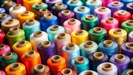 Colorful spools of thread in various sizes and hues , sewing, crafting, textiles, embroidery, vibrant, colorful, rainbow