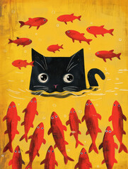 Black Cat Watching Goldfish Swimming in Yellow Water
