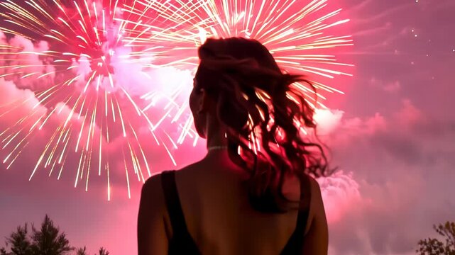 Backshot of Woman Captivated by Distant Fireworks