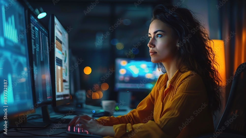 Poster focused in the digital glow: a young professional intently analyzes data on multiple monitors, embod