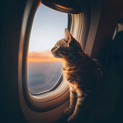 cat on a plane looking through the window