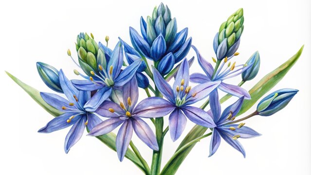 Watercolor Painting of a Blue Camas Flower Bouquet, Watercolor, Flower, Blue, Camas , Spring