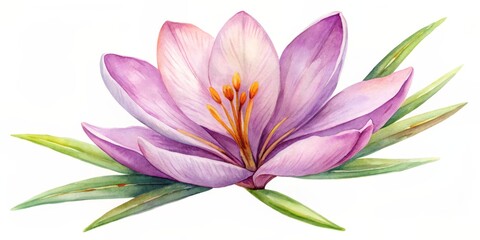 Obraz premium Watercolor Painting of a Purple Crocus Flower with Green Leaves, watercolor painting, crocus flower, purple flower, botanical illustration , flower, botanical