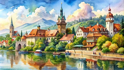 Naklejka premium Watercolor Painting of a River Town, Watercolor, Town, Landscape, River, Architecture