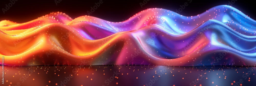 Poster a vibrant abstract digital art of flowing waves with colorful light effects and glittering particles