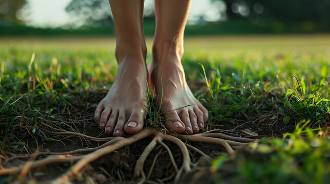 woman walking barefoot on grass in nature for grounding herself. rooting earthing