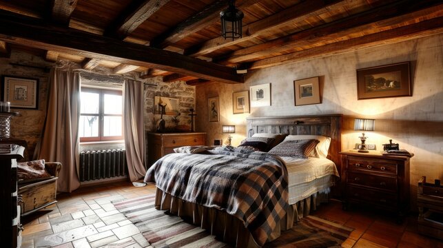 A rustic bedroom with farmhouse charm, wooden beams on the ceiling