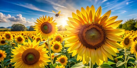 Fototapeta premium A Single Sunflower Basking in the Sunlight with a Bee Flying Overhead, Sunflower Field, Summer, Golden Hour, Nature , sunflower , bee