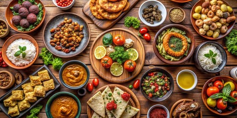 Fototapeta premium Aromatic Middle Eastern Feast with Flatbread, Hummus, and Fresh Herbs, Middle Eastern Food, Mediterranean Cuisine, Levantine Cuisine, Arabic Food