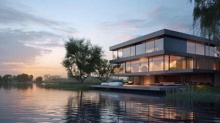 Obraz premium 3d rendering of modern house by the river at evening.