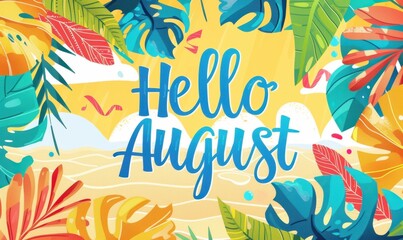text "Hello August" written in bold letters, featuring beach waves and tropical leaves, vibrant colors, and a bright background Generative AI