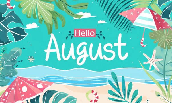 "Hello August" with beach and summer elements in the background design with summer elements depicted behind the text Generative AI
