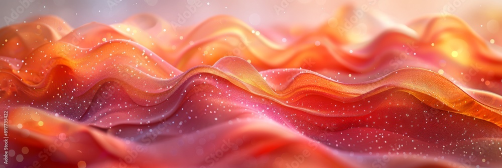 Poster abstract fabric with warm colors, elegant waves, and shimmering sparkles, creating a vivid and flowi