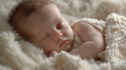 A peaceful newborn baby sleeping in the first days of life on a soft blanket