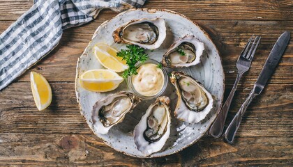 Opened raw oysters with sauce and lemon slices on plate on wooden table. Top view.