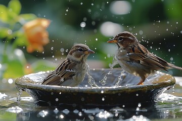 Two Sparrows Splashing in a Bird Bath on a Sunny Day