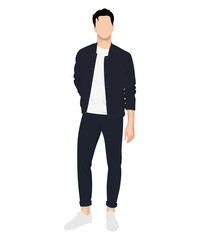 Vector illustration of a man in a black jacket, white t-shirt and black pants. Classic casual style