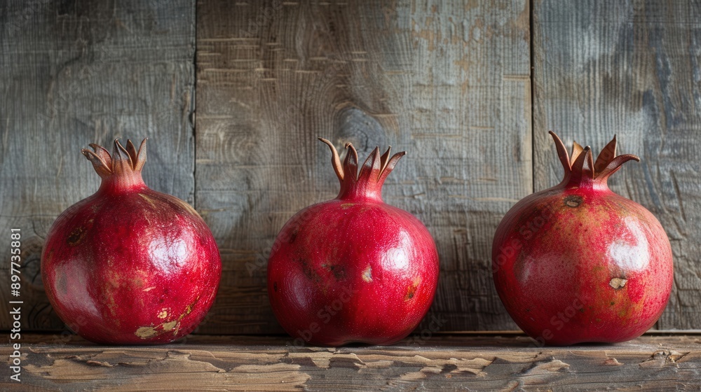 Poster three ripe pomegranates are arranged in a row on a rustic wooden surface, with their seeds visible.