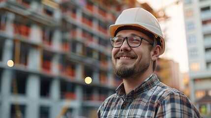 Construction Worker Smiles: A construction worker beams with pride as he stands on a job site, his hard hat and plaid shirt signifying his dedication to building something new. 