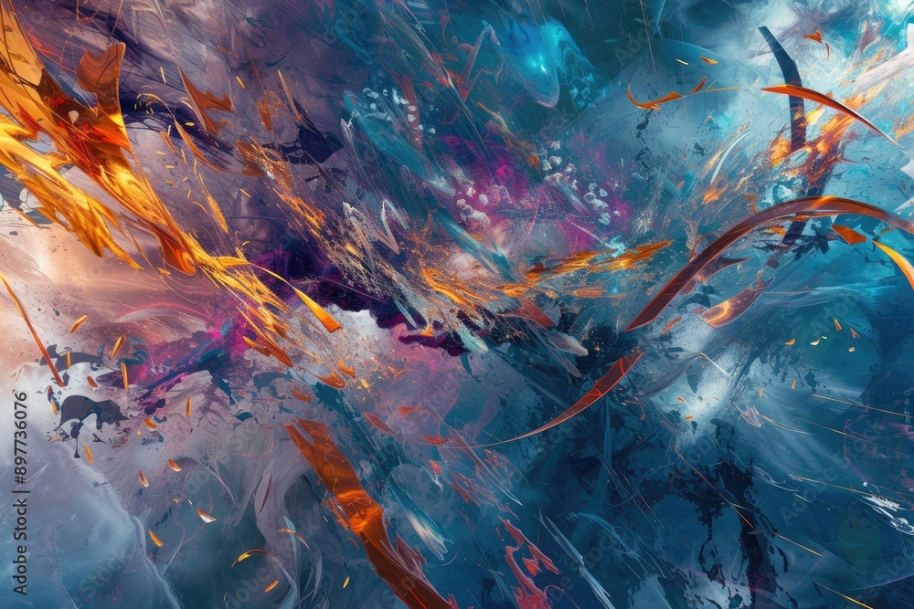 Poster chaotic blend of organic and digital elements in abstract chaos