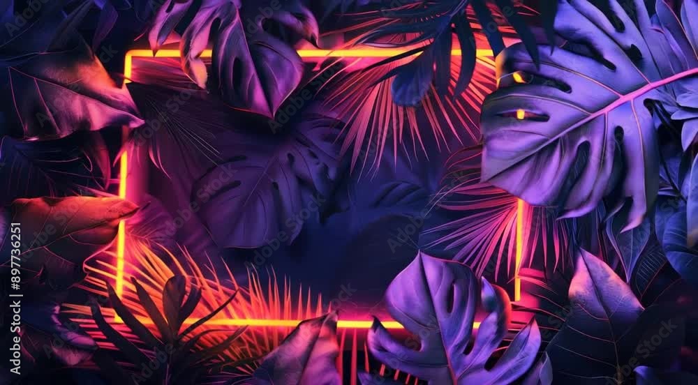 Wall mural dynamically drawn neon frame between palm trees.